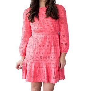 J Crew Coral Eyelet Dress Long Sleeve Tiered Ruffle Mini Size 0 Preppy